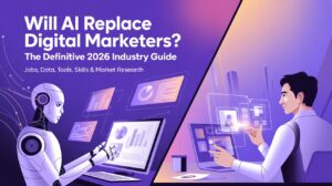 AI robot and human digital marketer working together on a laptop in 2026, representing the future of digital marketing careers