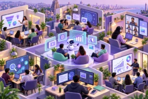 Illustration of digital marketing students exploring AI tools and analytics