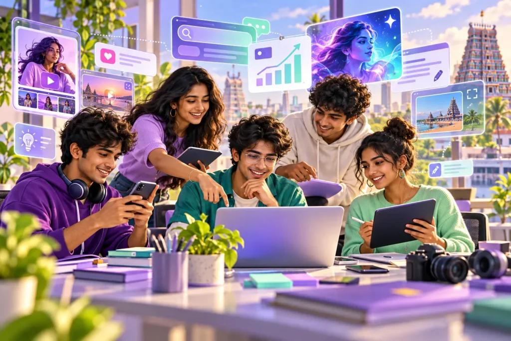 Illustration of Gen Z learners using laptops and mobile devices for marketing and generative AI