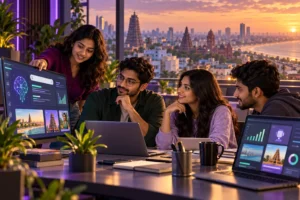 Illustration of learners collaborating on AI search and marketing projects in Chennai