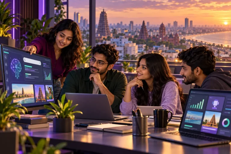 Illustration of learners collaborating on AI search and marketing projects in Chennai