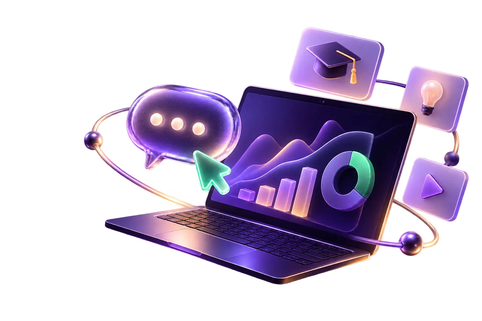 Illustration of a laptop with marketing analytics, chat bubble and learning symbols
