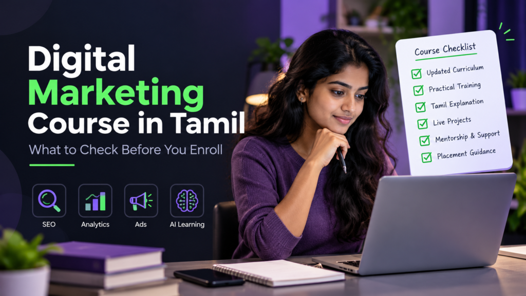 Tamil digital marketing course enrollment checklist with learner reviewing SEO, analytics, ads and AI topics