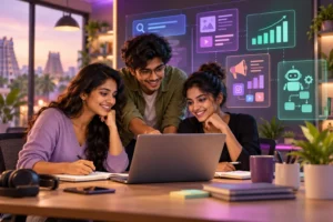 Illustration of learners collaborating on AI digital marketing projects