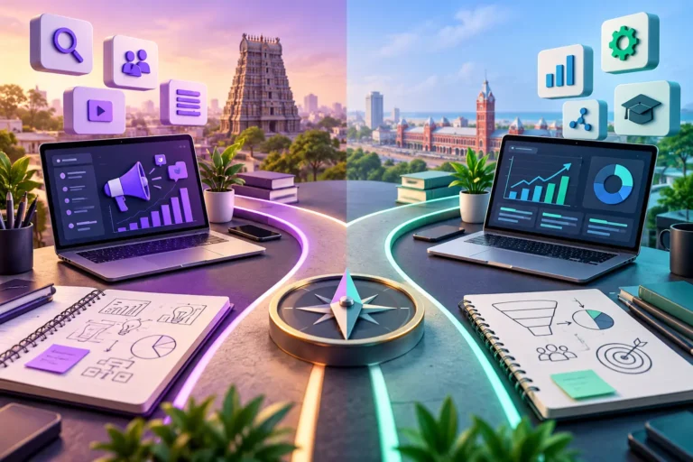 Neutral illustration of two AI marketing learning paths in Chennai