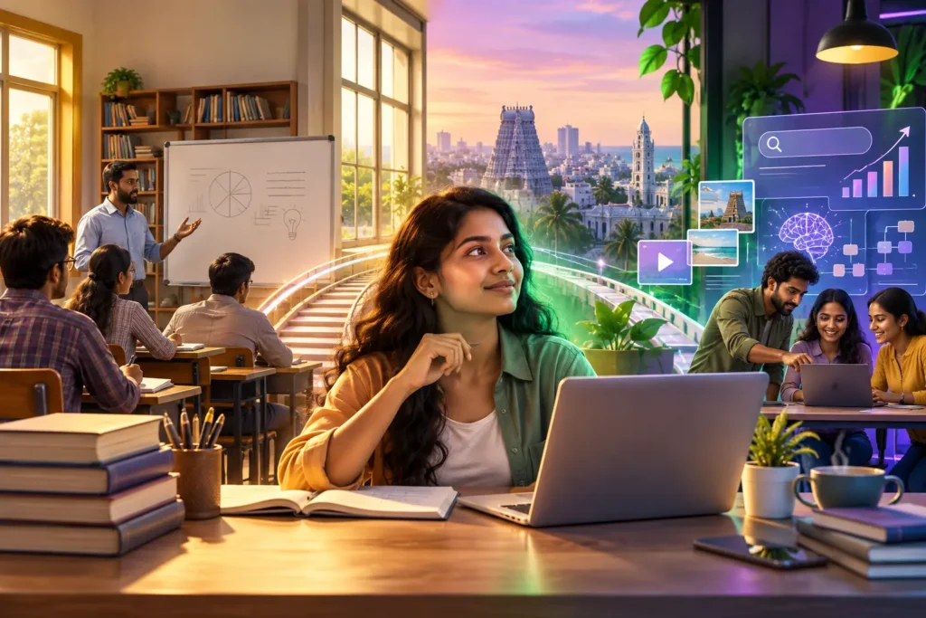 Illustration comparing classroom instruction with hands-on AI marketing projects