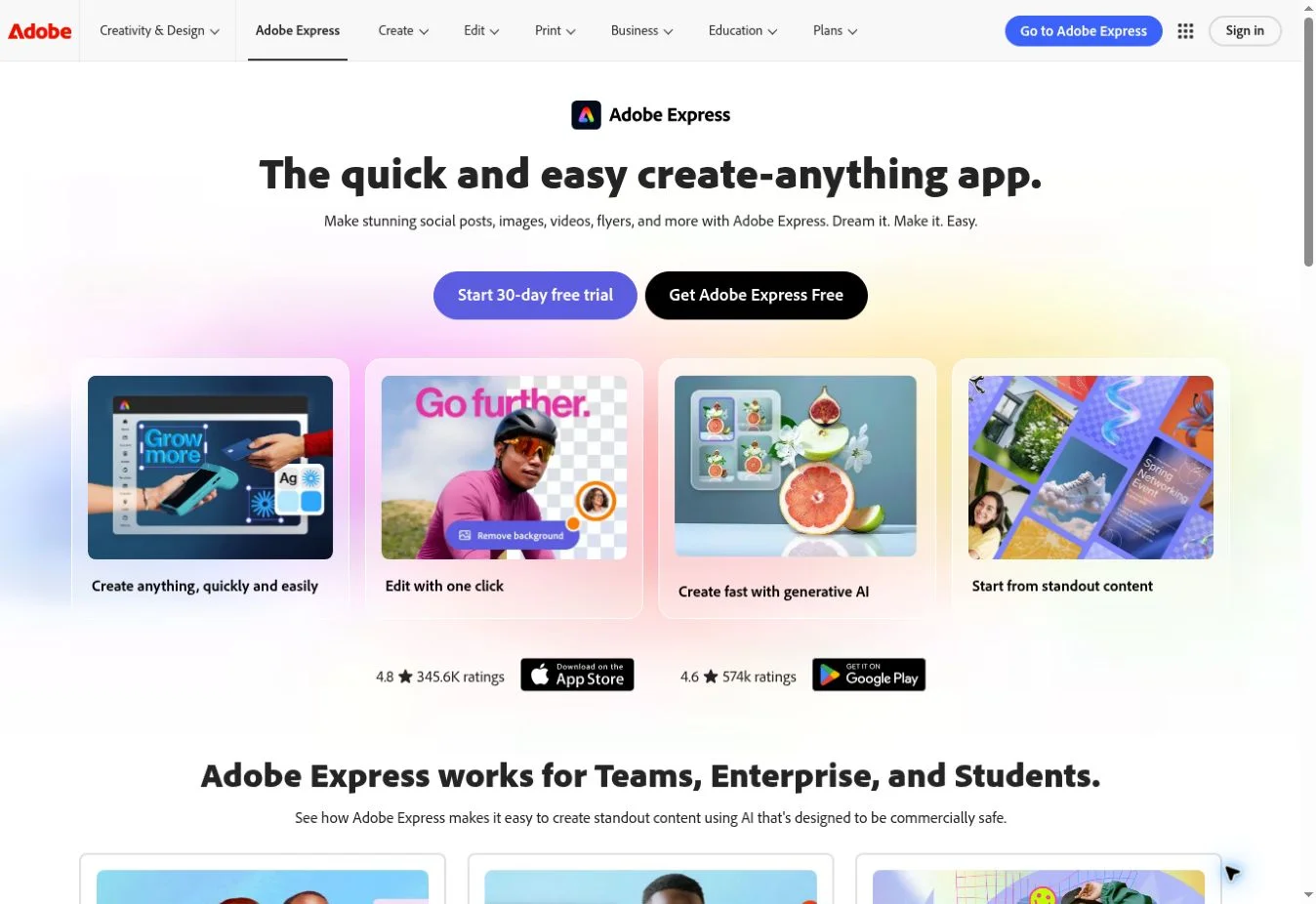 Adobe Express homepage showing social design examples and Free plan entry