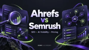 Purple and lime illustration comparing Ahrefs and Semrush with keyword research, link and AI visibility symbols