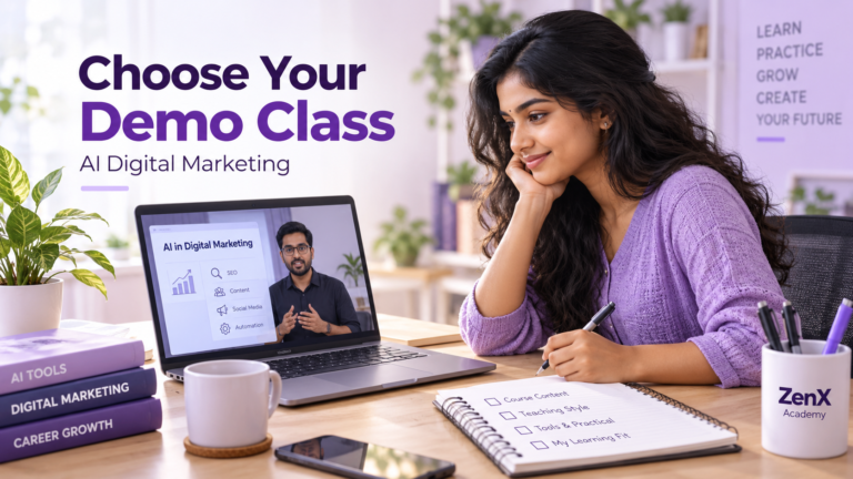 Learner reviewing an online AI digital marketing demo class with a checklist