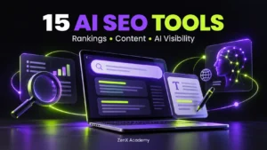 Purple and lime illustration of a laptop, magnifying glass, content card and AI network beneath the heading 15 AI SEO Tools