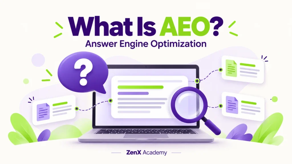 Purple and lime illustration of a laptop, question bubble, magnifying glass and source cards beneath the heading What Is AEO?