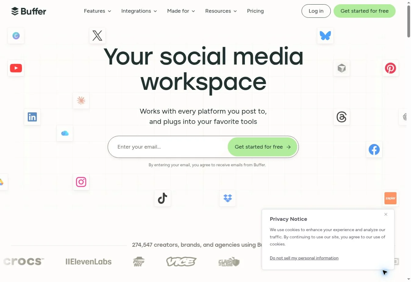 Buffer homepage showing social media workspace introduction