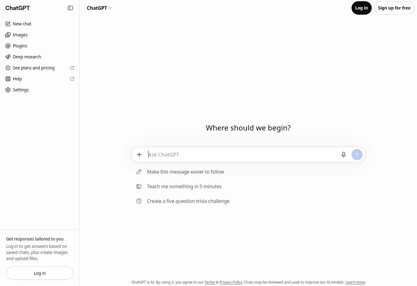 ChatGPT public homepage showing the Ask ChatGPT input and suggested actions on 2 October 2026