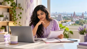 Learner comparing AI digital marketing course notes at a laptop