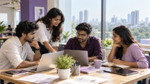 Students planning marketing portfolio projects at a Chennai workspace