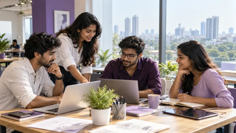 Students planning marketing portfolio projects at a Chennai workspace