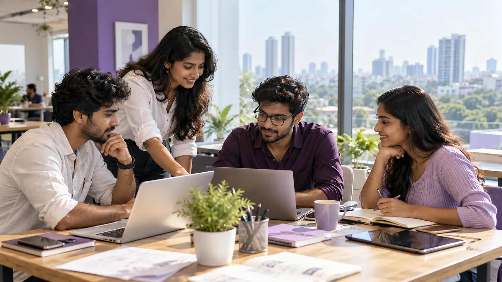 Students planning marketing portfolio projects at a Chennai workspace