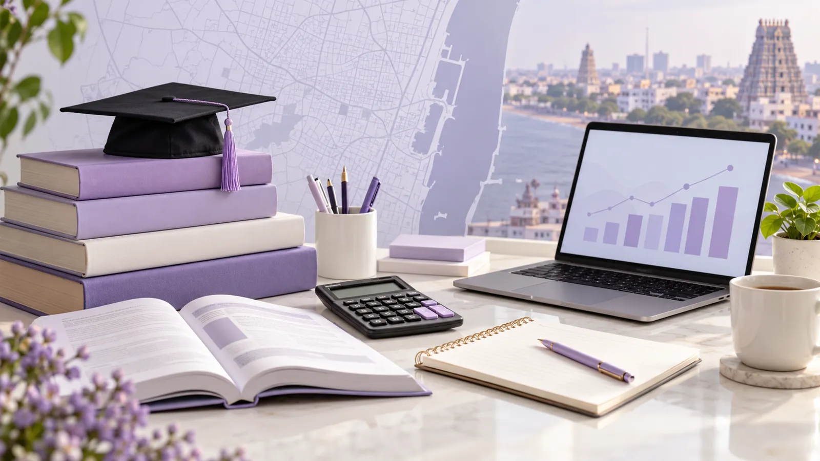 Course planning materials, calculator and laptop on a desk