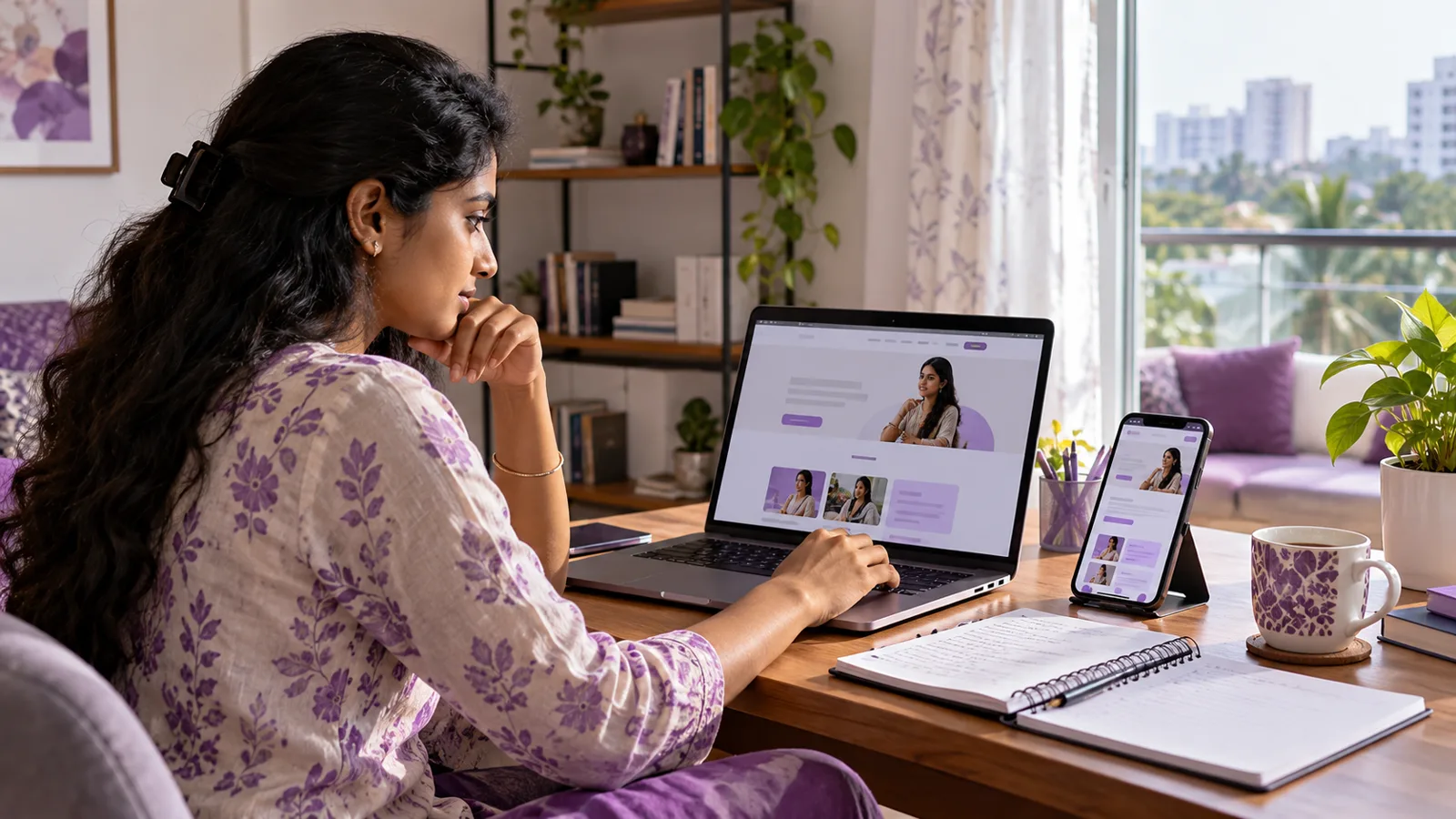 Learner checking a website page on a laptop and phone