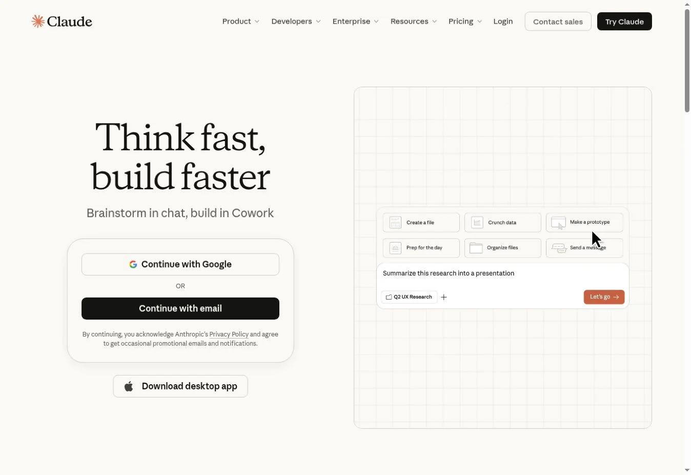 Claude homepage with Think fast, build faster headline and sign-in choices