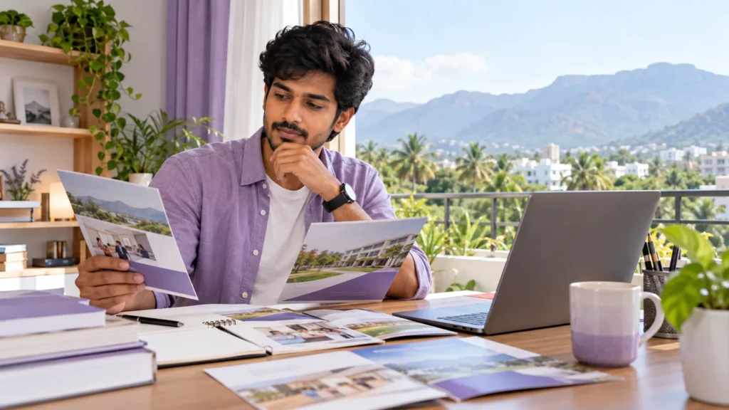 Learner comparing course information beside a laptop in Coimbatore