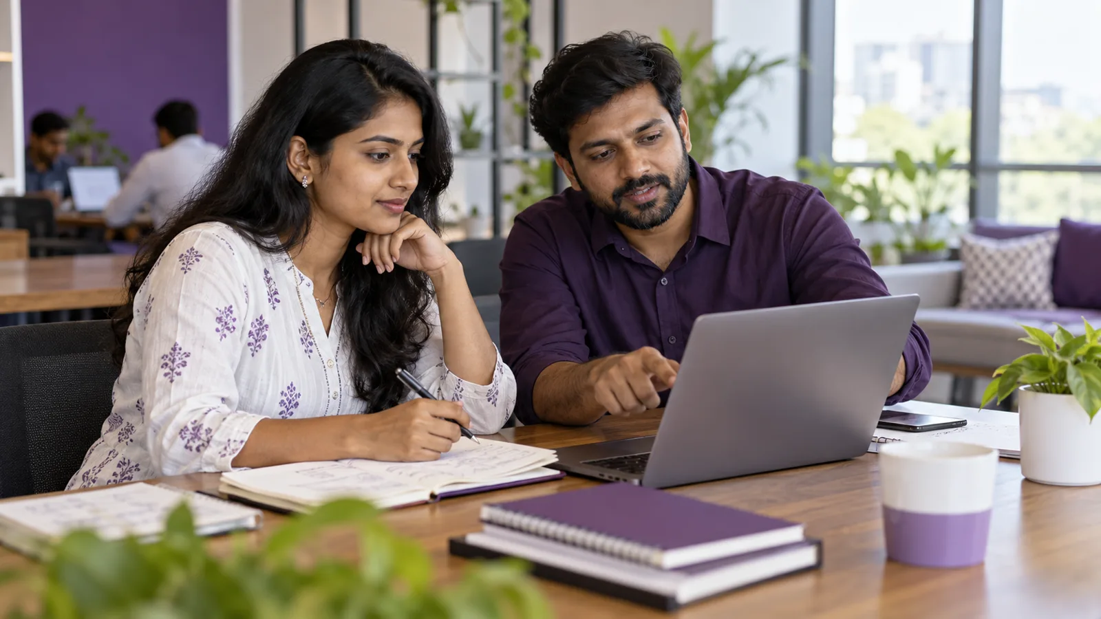 Learner and mentor reviewing an assignment on a laptop