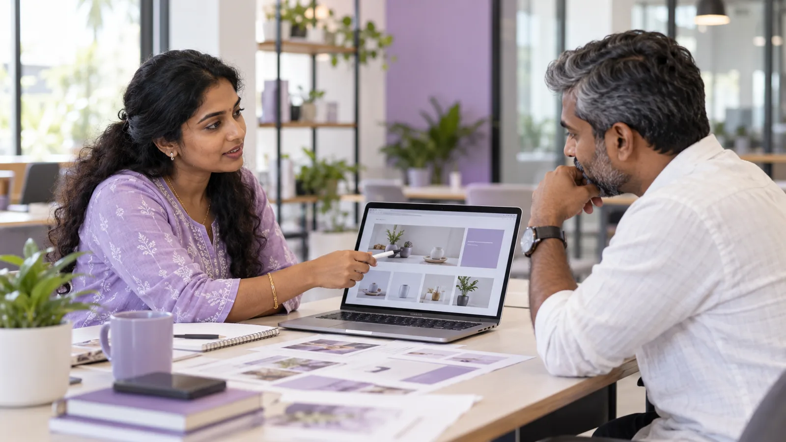 Business owner and mentor reviewing a website draft