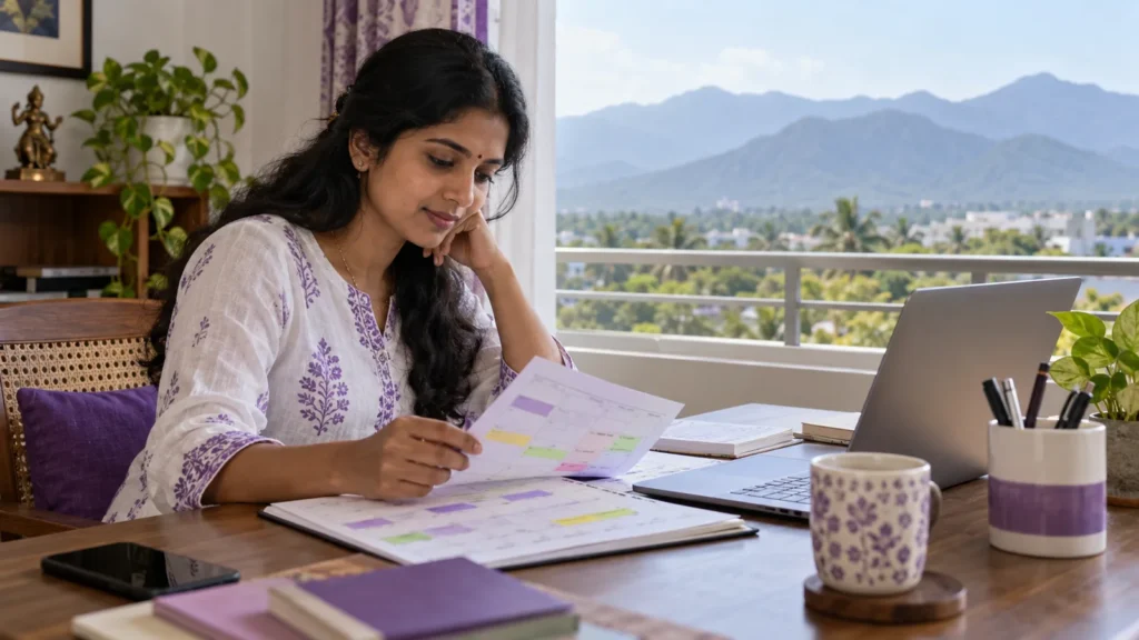 Learner comparing a weekly course study plan at a Coimbatore desk
