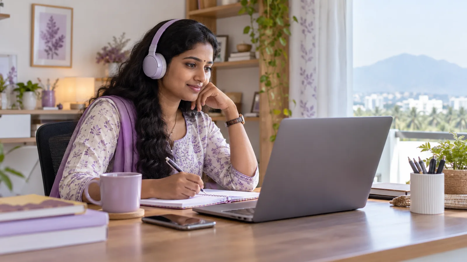 Learner attending an online marketing lesson with headphones