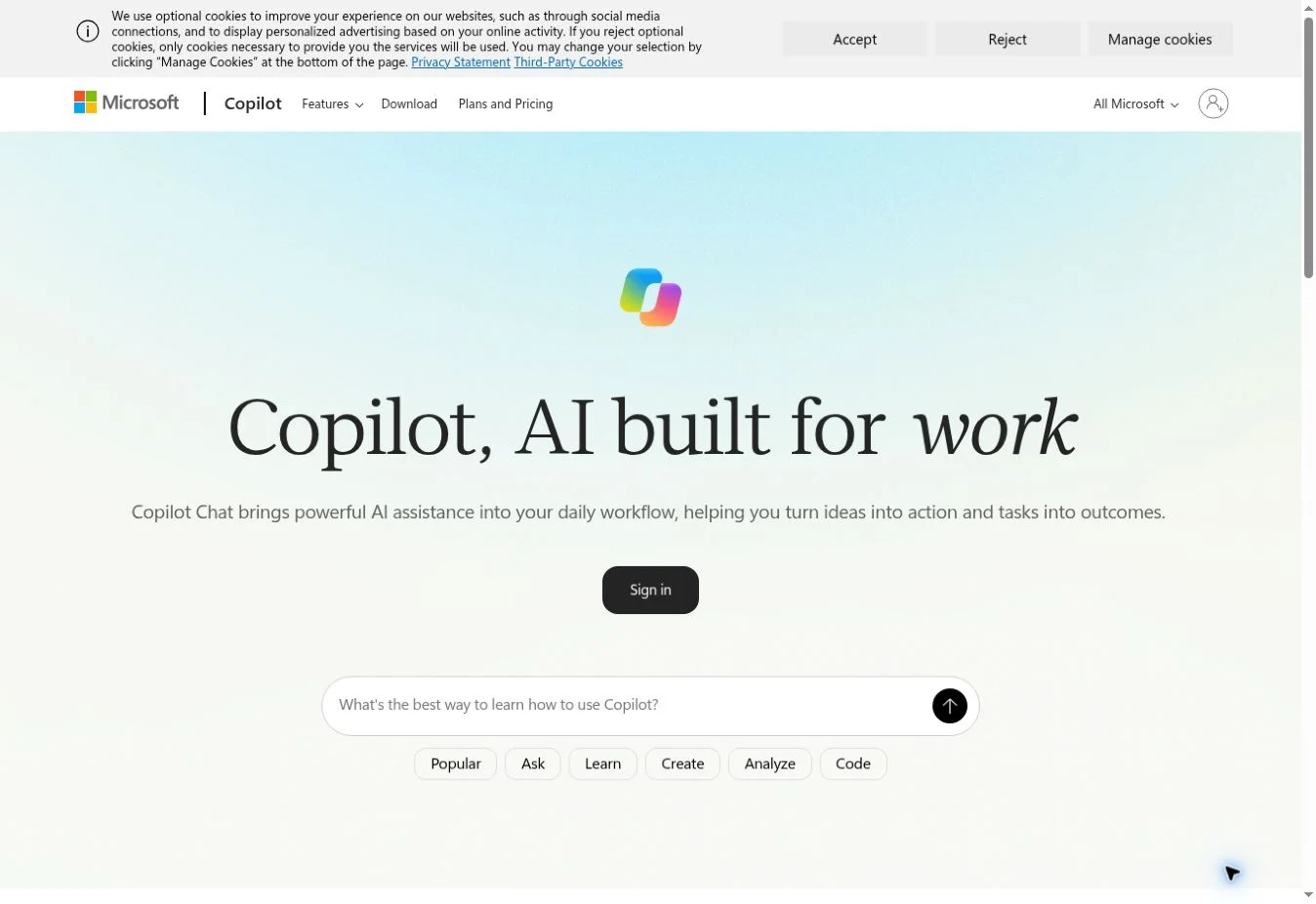 Microsoft Copilot homepage with AI built for work headline and chat entry