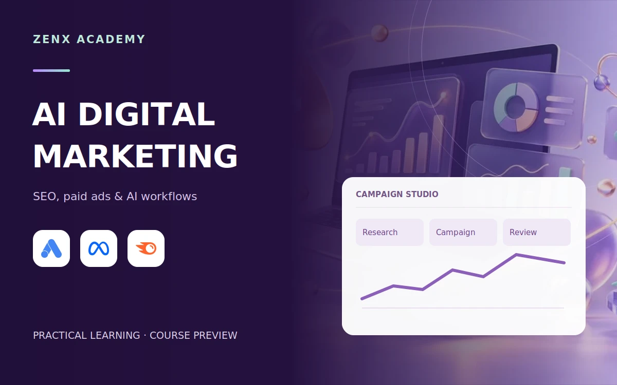 AI Digital Marketing: course title, tool logos and illustrative workspace preview