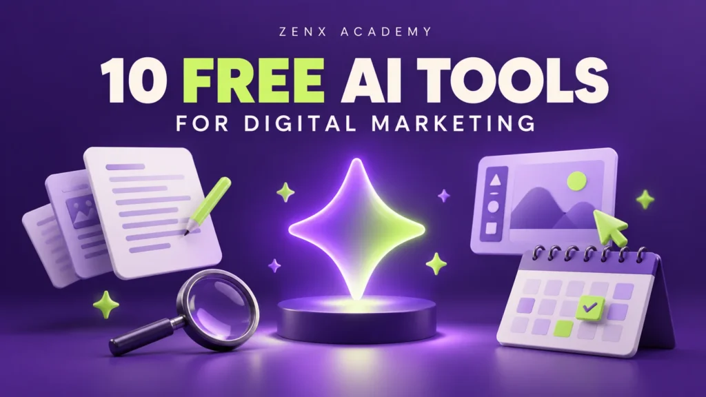 Purple and lime illustration with a central AI spark, writing cards, magnifying glass, design canvas and social calendar