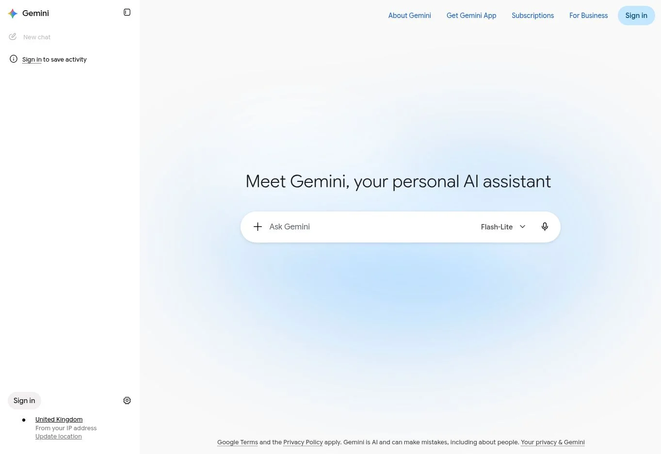 Gemini homepage with Ask Gemini input and personal AI assistant heading