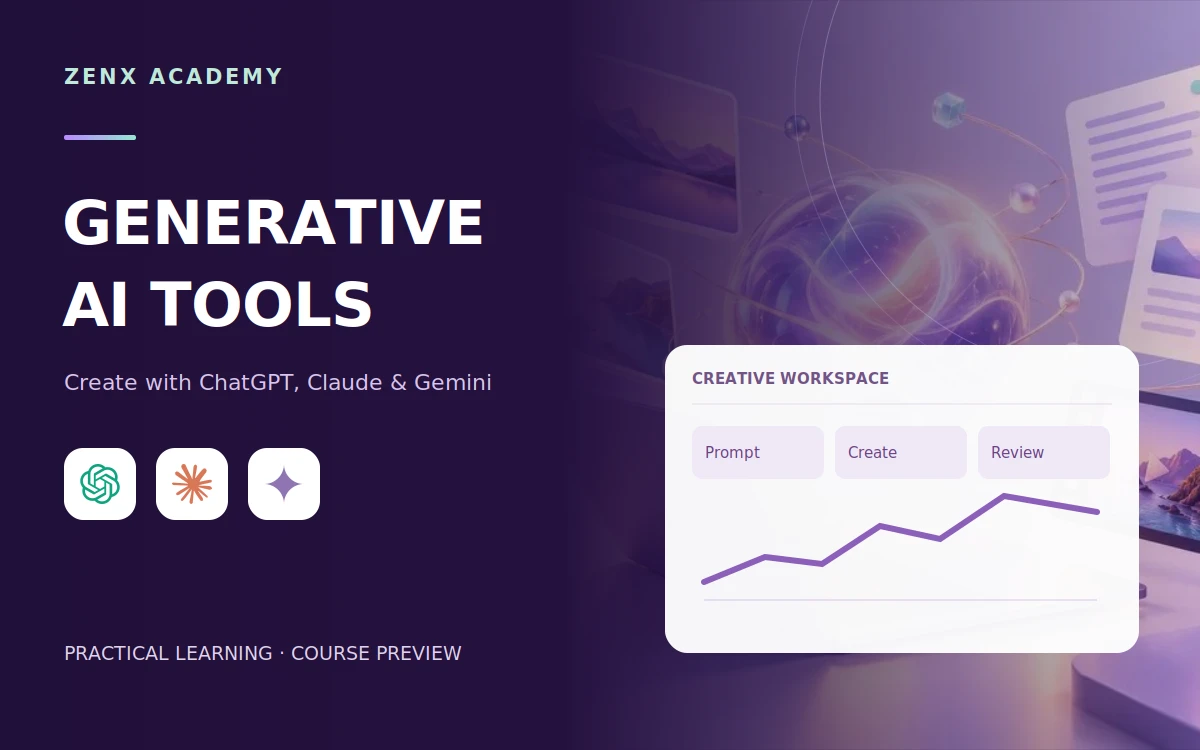 Generative AI Tools: course title, tool logos and illustrative workspace preview
