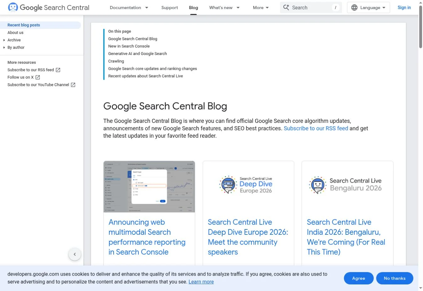 Google Search Central blog showing the multimodal reporting announcement, captured October 1, 2026
