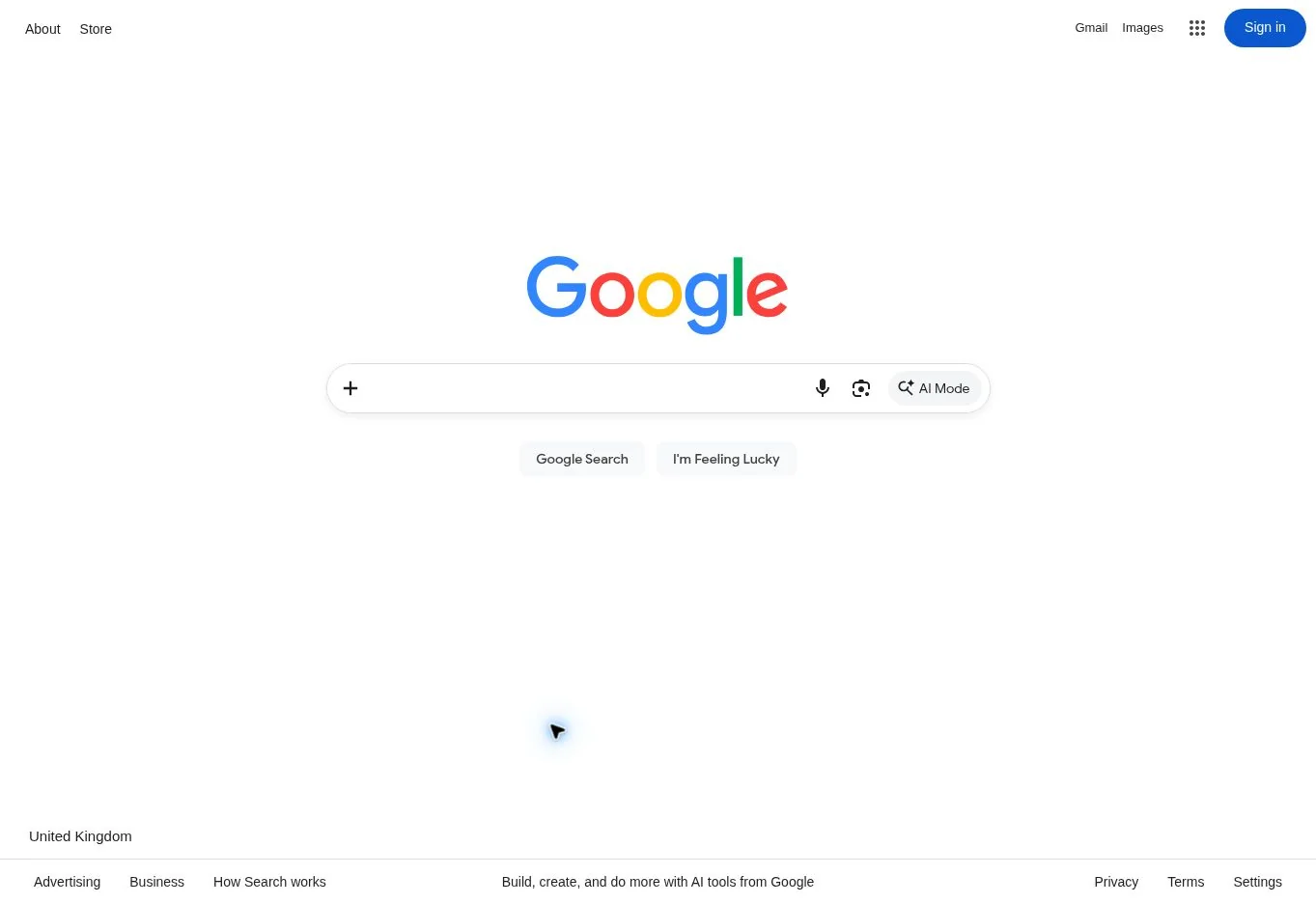 Google Search homepage with the search field and AI Mode button, captured on 1 October 2026