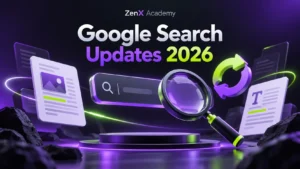 Purple and lime illustration of a magnifying glass, search bar and update arrows with the title Google Search Updates 2026
