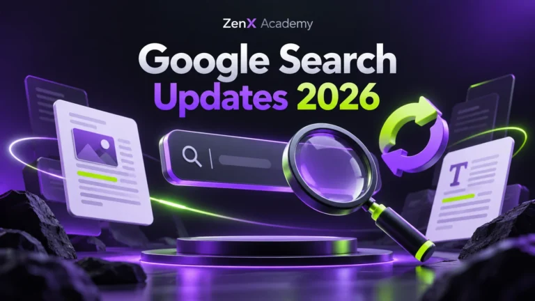 Purple and lime illustration of a magnifying glass, search bar and update arrows with the title Google Search Updates 2026
