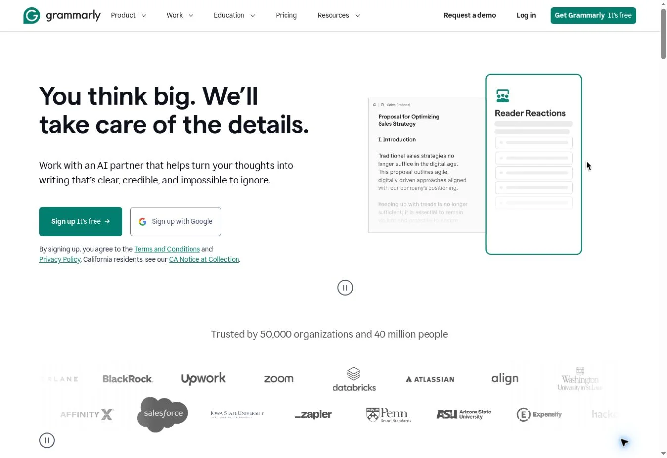 Grammarly homepage with writing assistant headline and illustrative suggestions