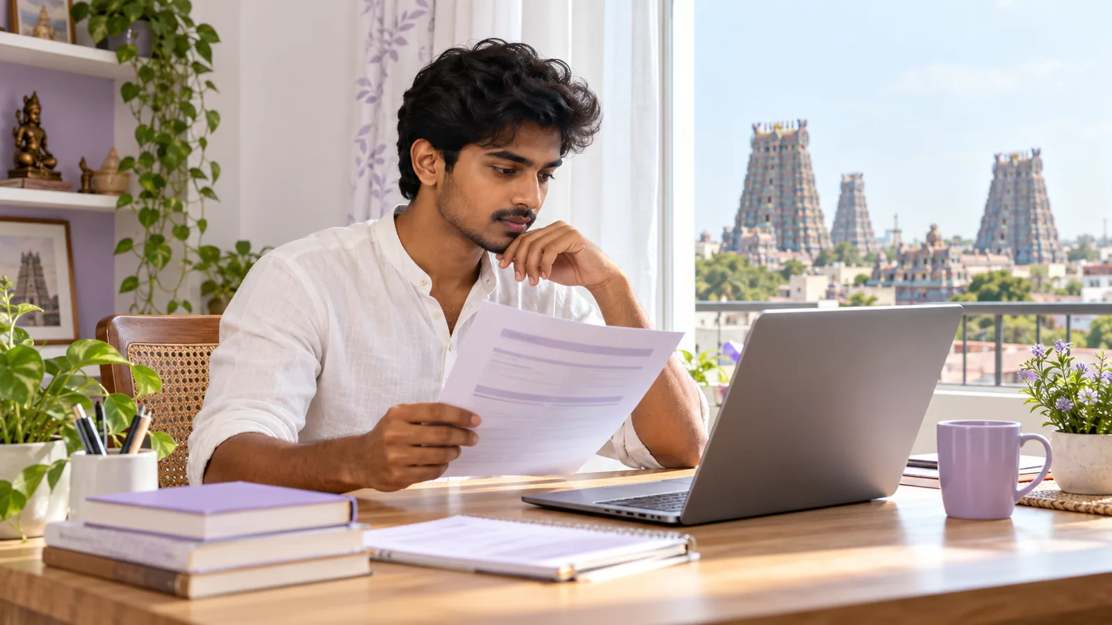 Learner comparing a course syllabus beside a laptop in Madurai