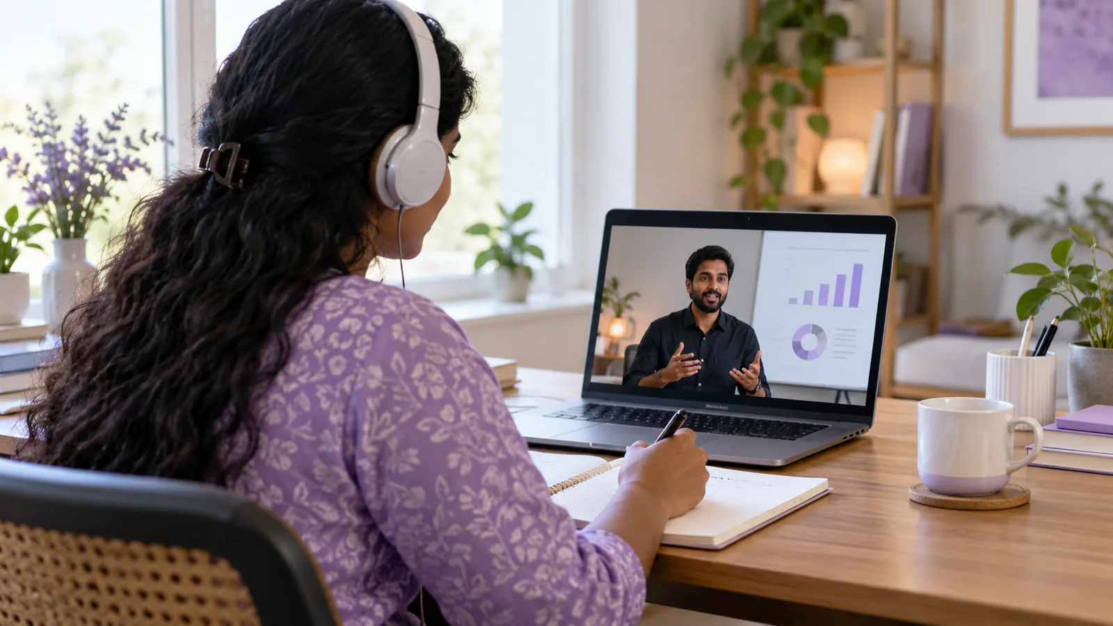 Learner taking notes during an online marketing lesson