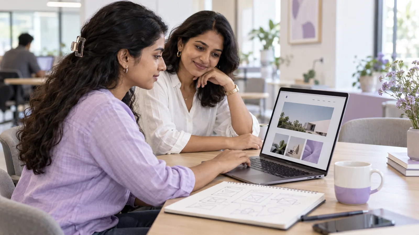 Learner and mentor reviewing a website portfolio on a laptop