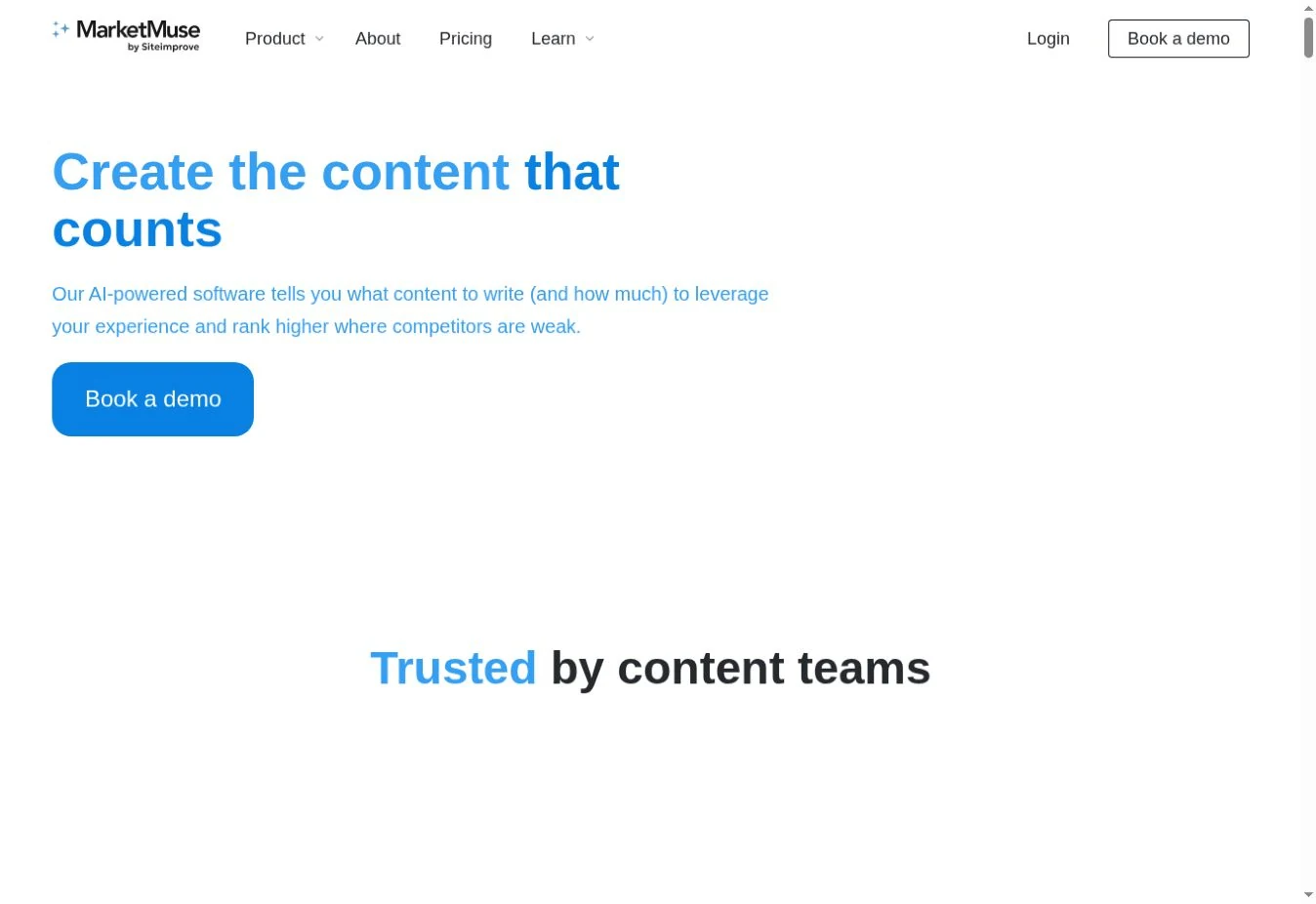 Official MarketMuse homepage captured on 1 October 2026