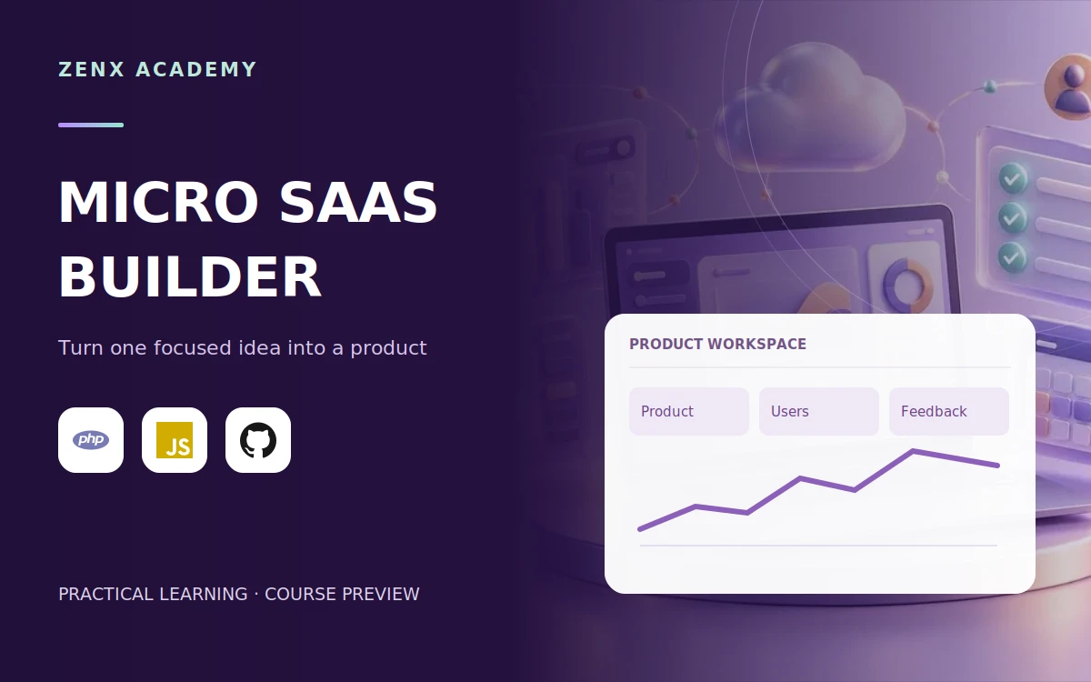 Micro SaaS: course title, tool logos and illustrative workspace preview