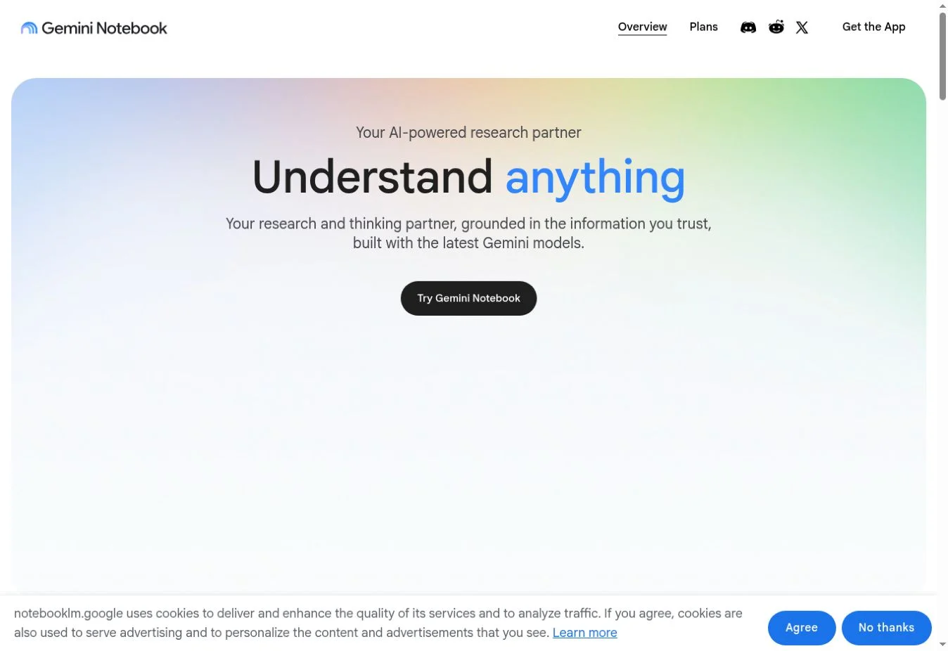 Gemini Notebook homepage with Understand anything headline and research partner introduction