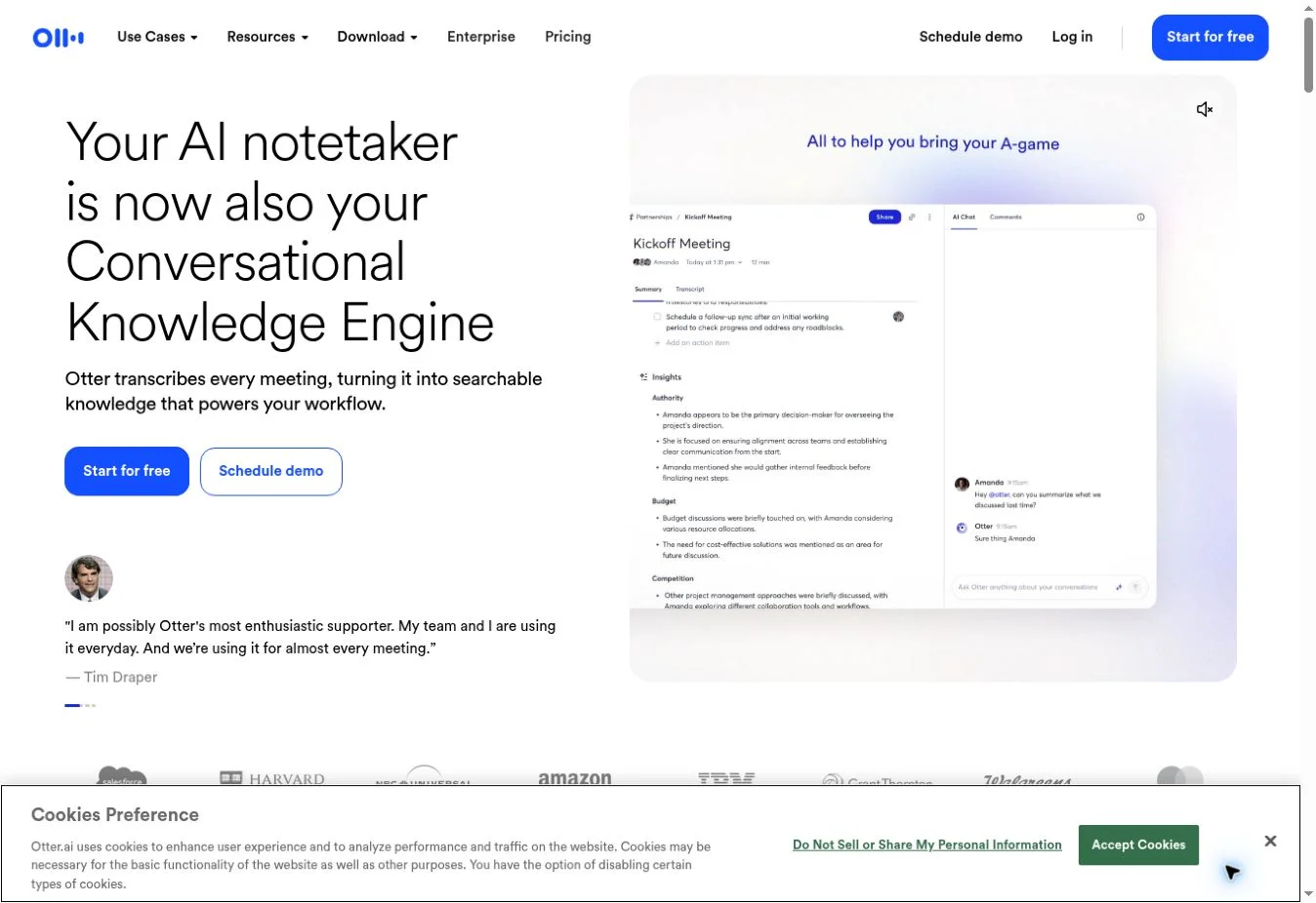 Otter homepage introducing AI meeting transcription and searchable knowledge