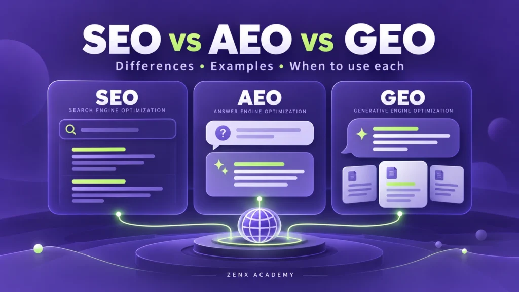 Purple and lime illustration of SEO search results, an AEO answer bubble and a GEO response with source cards connected to a globe