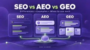 Purple and lime illustration of SEO search results, an AEO answer bubble and a GEO response with source cards connected to a globe