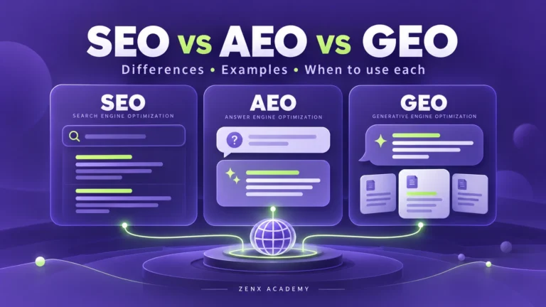 Purple and lime illustration of SEO search results, an AEO answer bubble and a GEO response with source cards connected to a globe