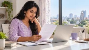 Learner reviewing a course checklist beside a laptop